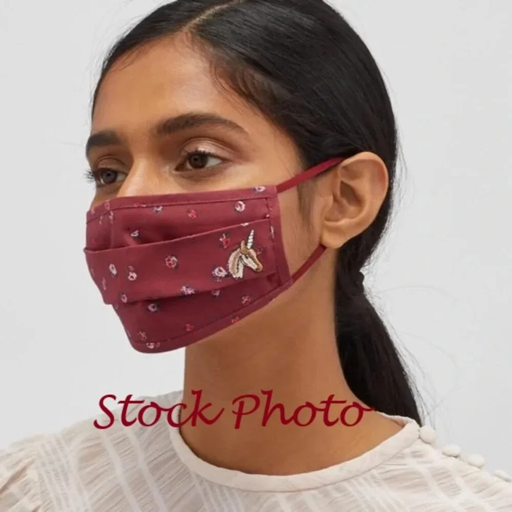 COACH BURGANDY UNICORN FACE MASK WITH VINTAGE ROSE PRINT